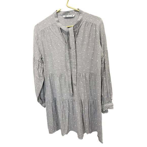 Zara Gray White Heart Print Tiered Dress S Long Sleeve Split Neck EUC ✨ - Picture 3 of 6